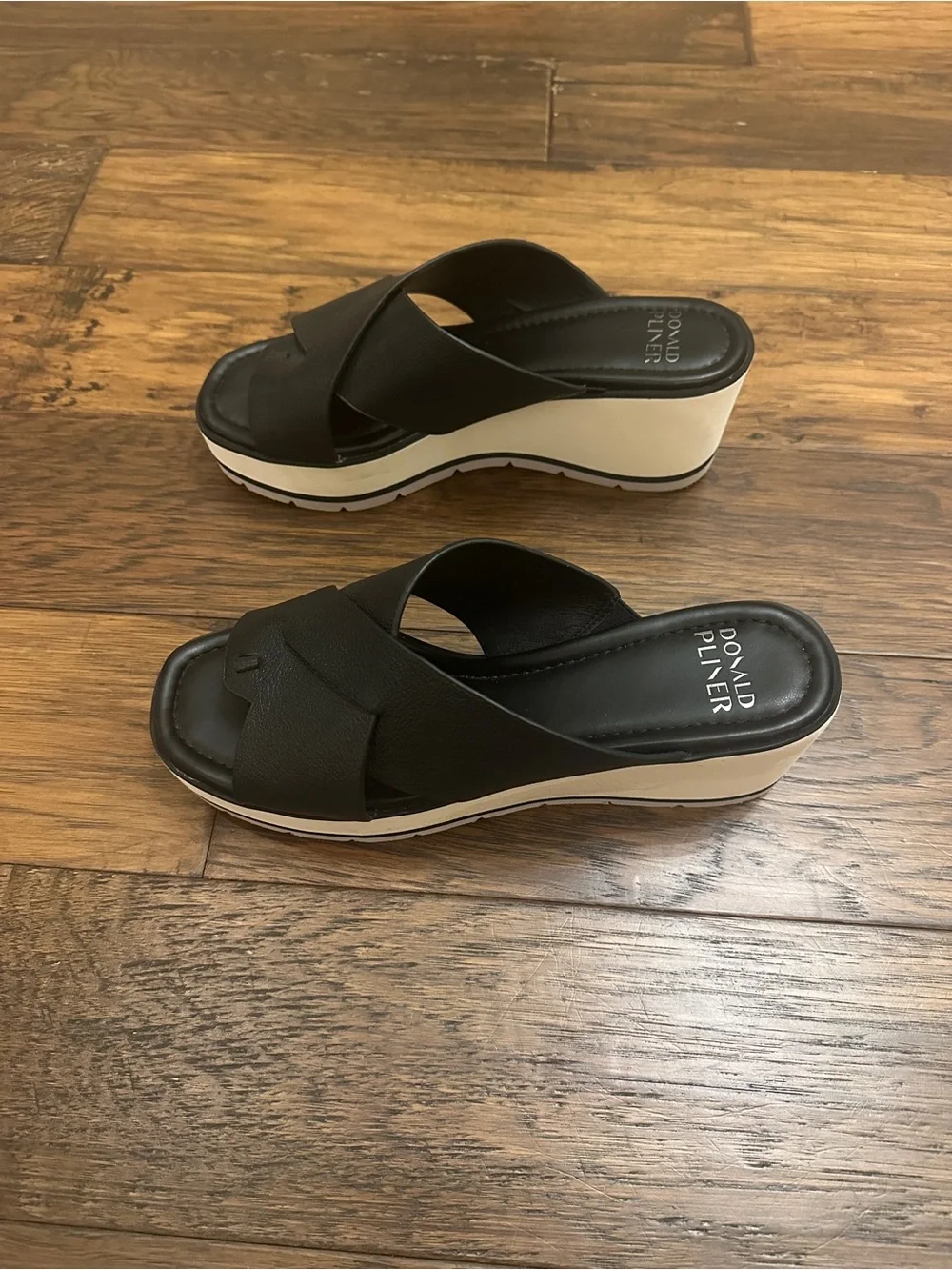 Donald J. Pliner Black and White Crisscross Wedge Slides